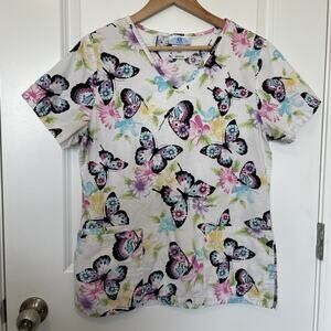 SB Scrubs Women's Butterfly Print Colorful Short Sleeve V Neck Scrub Top Size S